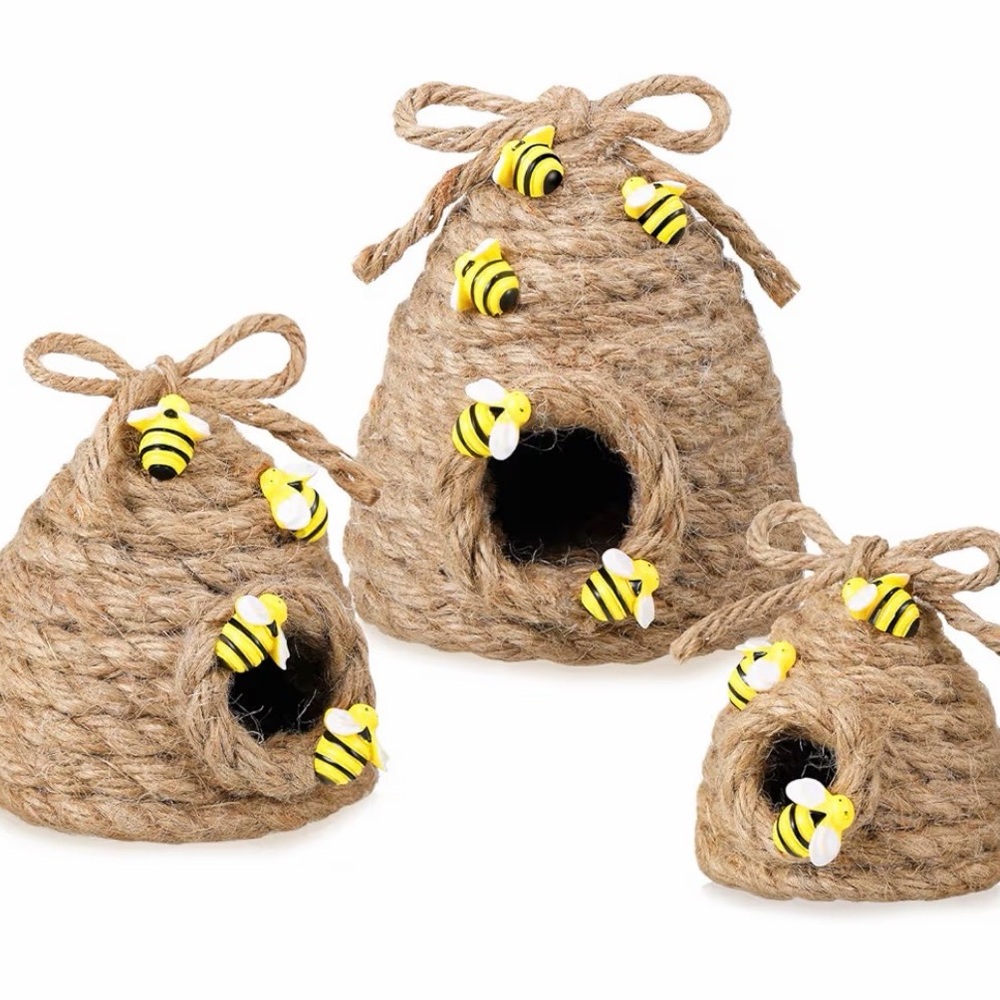 Handmade Jute Beehive Pet Hideaways with Decorative Bees